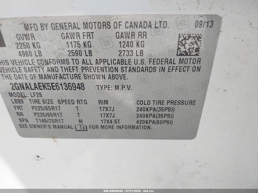 2014 Chevrolet Equinox Ls VIN: 2GNALAEK5E6136948 Lot: 45680545