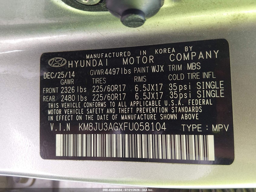 2015 Hyundai Tucson Se VIN: KM8JU3AGXFU058104 Lot: 45680554