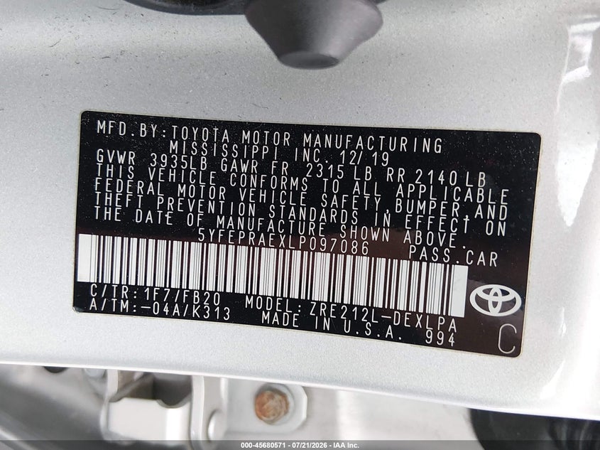2020 Toyota Corolla Le VIN: 5YFEPRAEXLP097086 Lot: 45680571