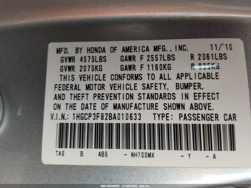 2011 Honda Accord 3.5 Ex-L VIN: 1HGCP3F82BA010633 Lot: 45680590