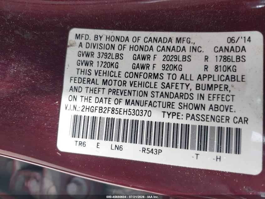 2014 Honda Civic Ex VIN: 2HGFB2F85EH530370 Lot: 45680604