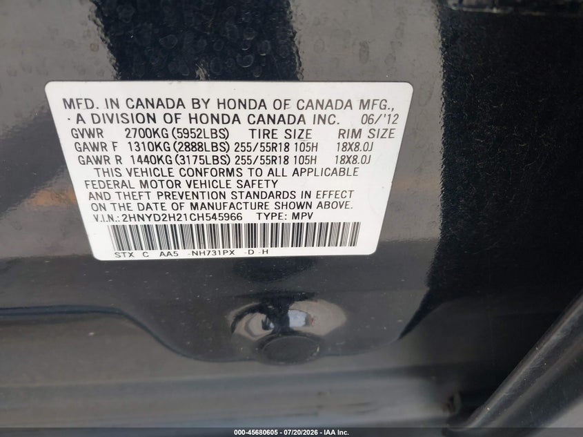 2012 Acura Mdx VIN: 2HNYD2H21CH545966 Lot: 45680605