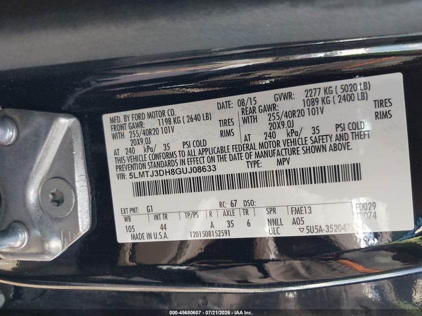 2016 Lincoln Mkc Reserve VIN: 5LMTJ3DH8GUJ08633 Lot: 45680607