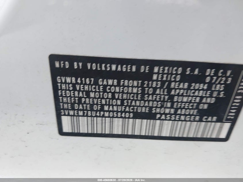 2023 Volkswagen Jetta 1.5T Se VIN: 3VWEM7BU4PM058409 Lot: 45680638