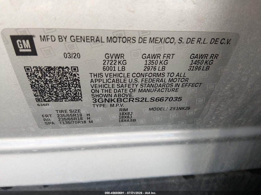 2020 Chevrolet Blazer Fwd 2Lt VIN: 3GNKBCRS2LS667035 Lot: 45680691