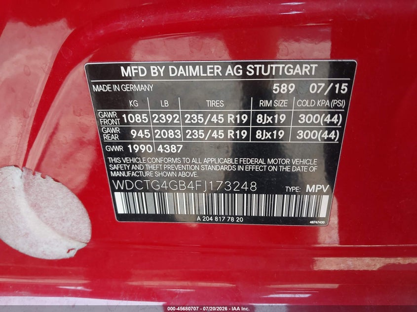 2015 Mercedes-Benz Gla 250 4Matic VIN: WDCTG4GB4FJ173248 Lot: 45680707