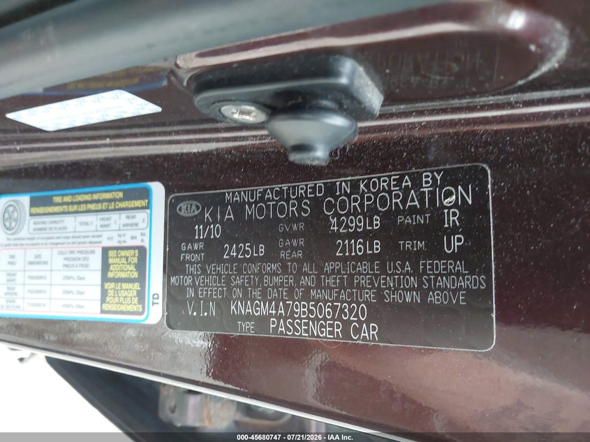 2011 Kia Optima Lx VIN: KNAGM4A79B5067320 Lot: 45680747