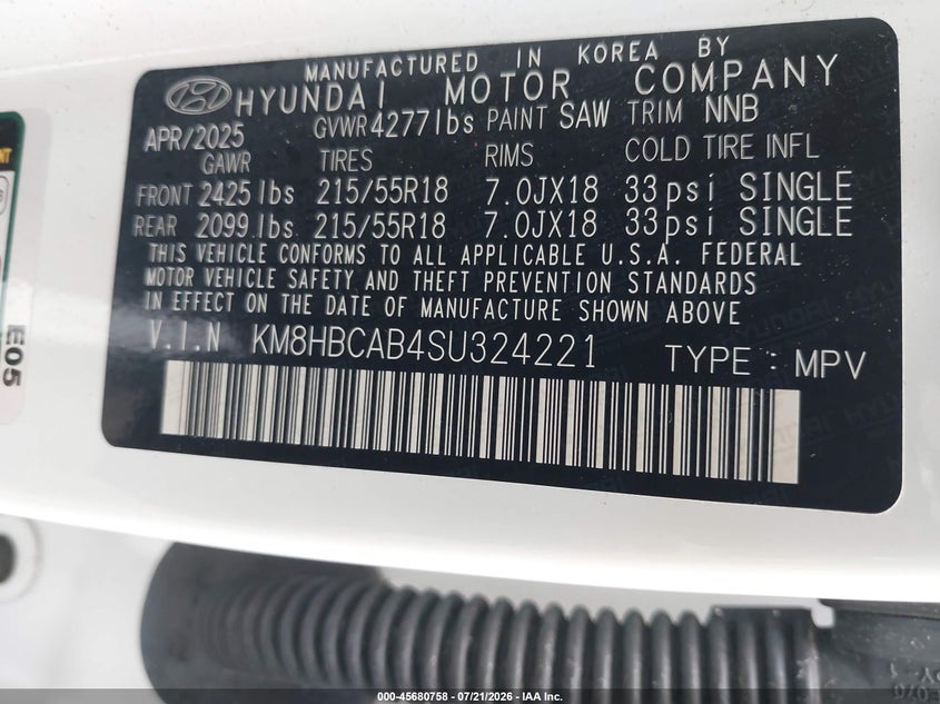 2025 Hyundai Kona Sel VIN: KM8HBCAB4SU324221 Lot: 45680758