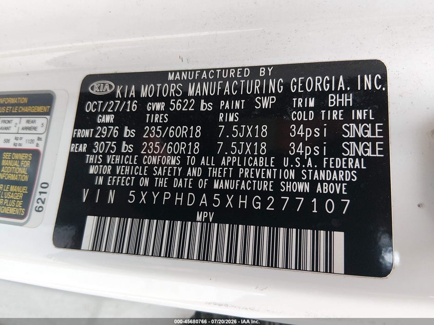 2017 Kia Sorento 3.3L Ex VIN: 5XYPHDA5XHG277107 Lot: 45680766