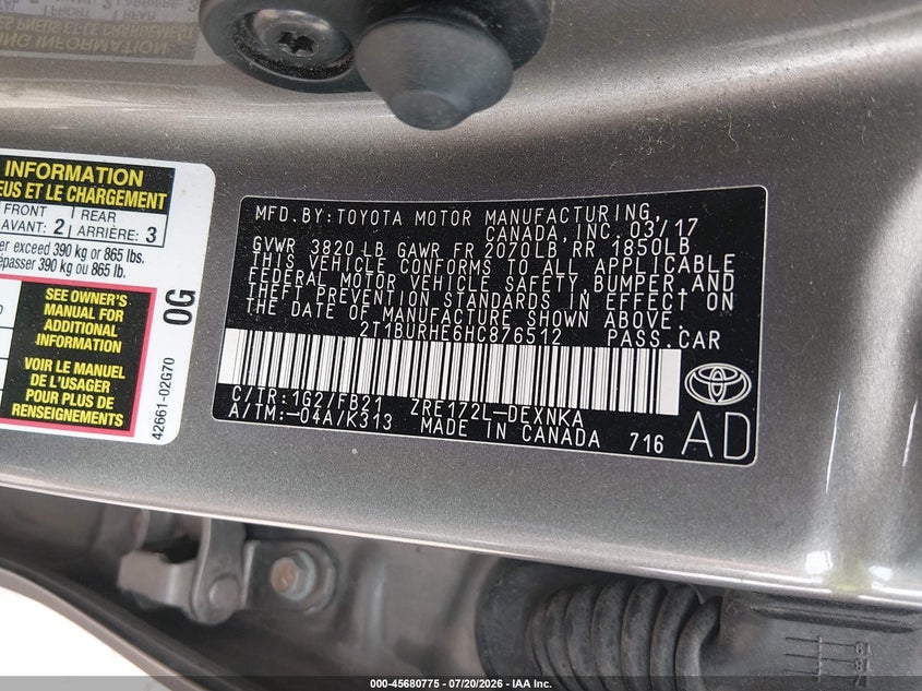 2017 Toyota Corolla Le VIN: 2T1BURHE6HC876512 Lot: 45680775
