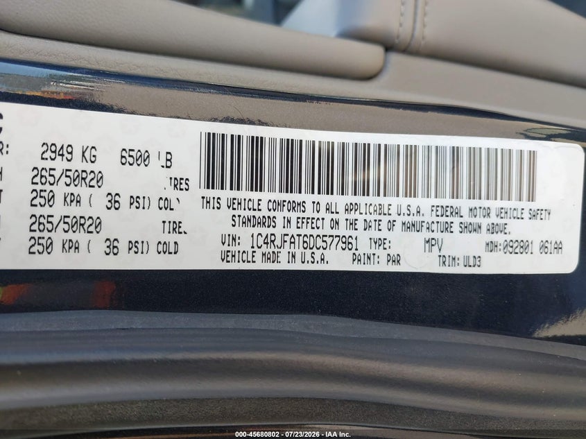 JEEP GRAND CHEROKEE 2013 VIN 1C4RJFAT6DC577961