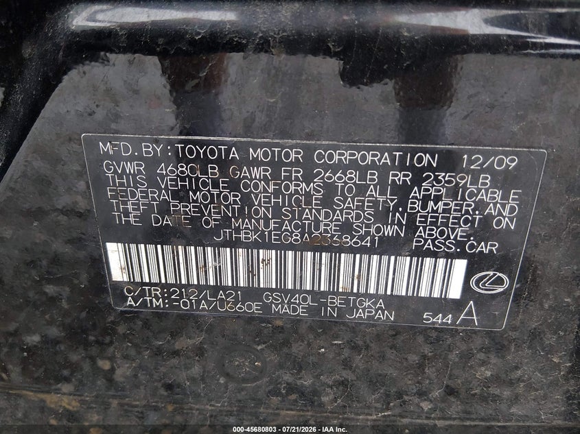 2010 Lexus Es 350 VIN: JTHBK1EG8A2368641 Lot: 45680803