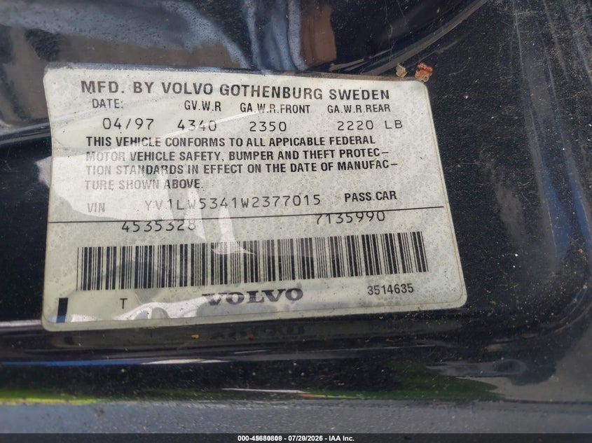1998 Volvo V70 T5 VIN: YV1LW5341W2377015 Lot: 45680809