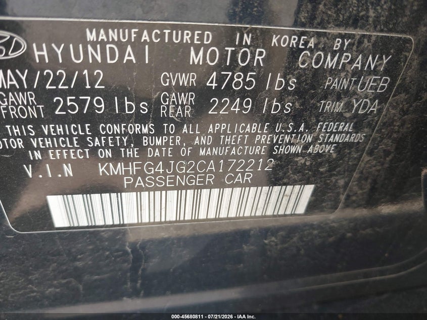 2012 Hyundai Azera VIN: KMHFG4JG2CA172212 Lot: 45680811