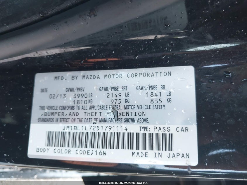 2013 MAZDA 3 HATCHBACK 2.0L I-4 DI, DOHC, VVT, 155HP