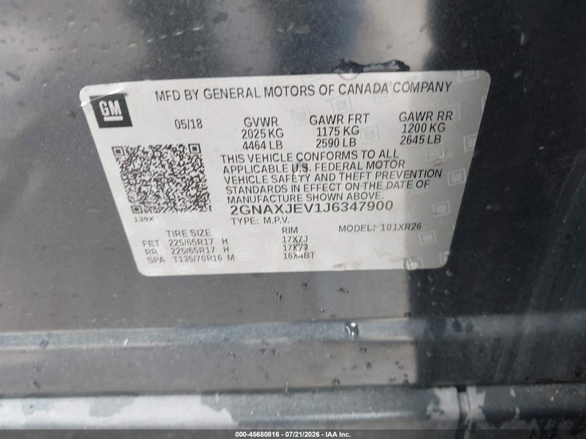 2018 Chevrolet Equinox Lt VIN: 2GNAXJEV1J6347900 Lot: 45680816