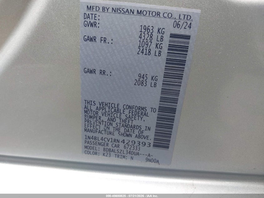 2024 Nissan Altima Sr Fwd VIN: 1N4BL4CV1RN429393 Lot: 45680825