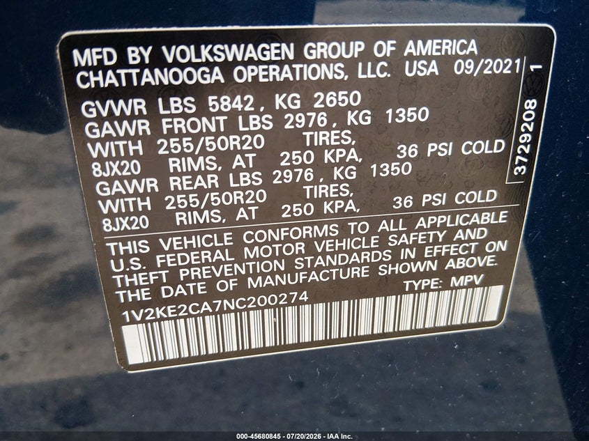 2022 Volkswagen Atlas Cross Sport 3.6L V6 Se W/Technology VIN: 1V2KE2CA7NC200274 Lot: 45680845