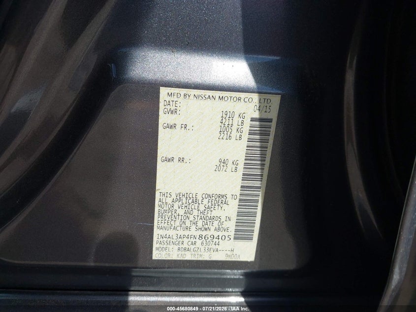 2015 Nissan Altima 2.5 S VIN: 1N4AL3AP4FN869405 Lot: 45680849