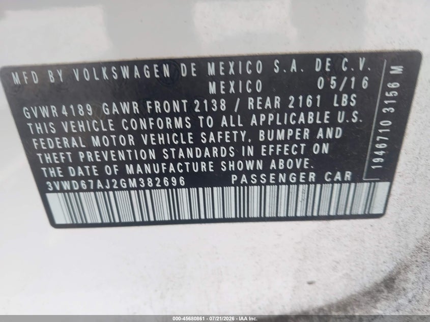 2016 Volkswagen Jetta 1.4T Se VIN: 3VWD67AJ2GM382696 Lot: 45680861