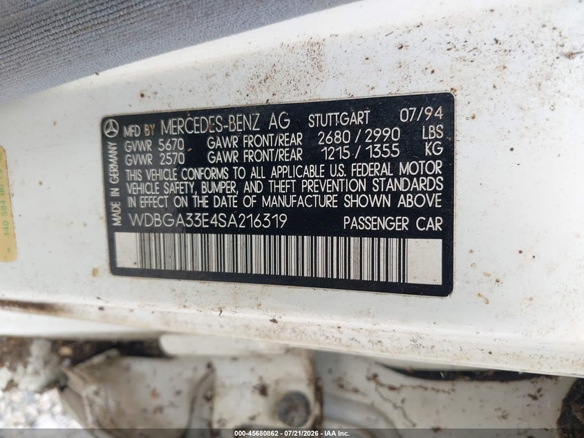 1995 Mercedes-Benz S 320 VIN: WDBGA33E4SA216319 Lot: 45680862