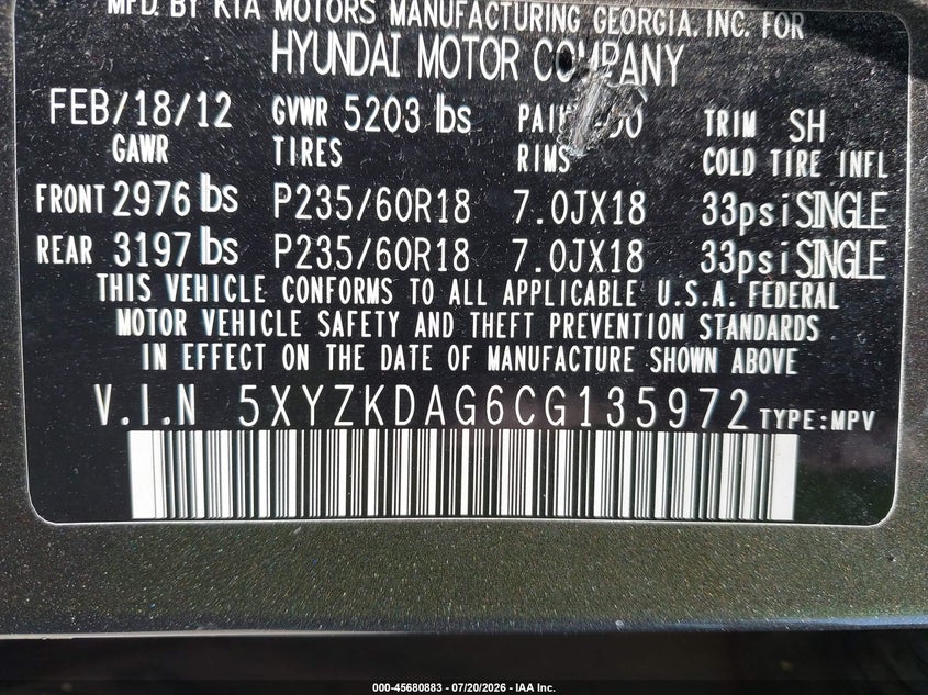 2012 Hyundai Santa Fe Limited V6 VIN: 5XYZKDAG6CG135972 Lot: 45680883