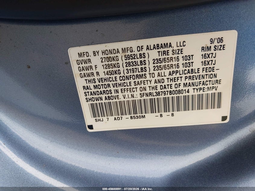 2007 Honda Odyssey Ex-L VIN: 5FNRL38797B008014 Lot: 45680891