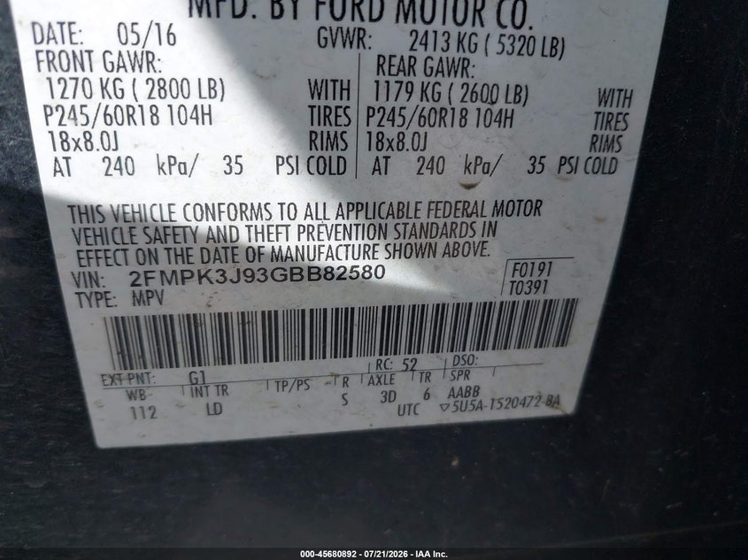 2016 Ford Edge Sel VIN: 2FMPK3J93GBB82580 Lot: 45680892