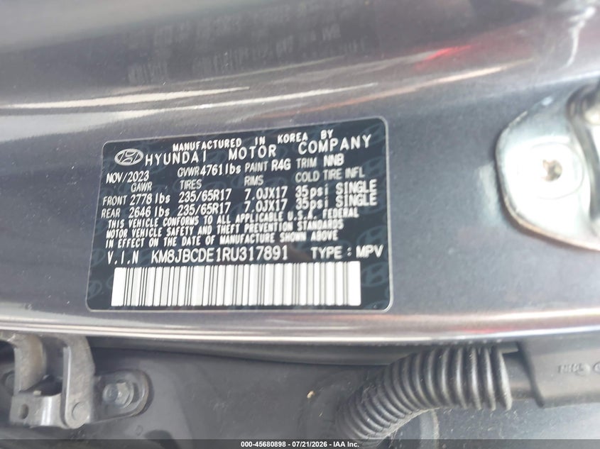 2024 Hyundai Tucson Sel VIN: KM8JBCDE1RU317891 Lot: 45680898