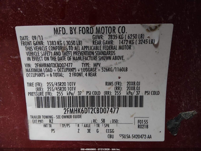 2012 Ford Flex Limited/Titanium VIN: 2FMHK6DT2CBD07477 Lot: 45680905
