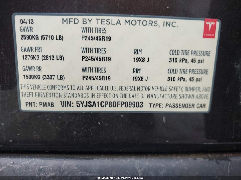 2013 Tesla Model S Performance VIN: 5YJSA1CP8DFP09903 Lot: 45680917