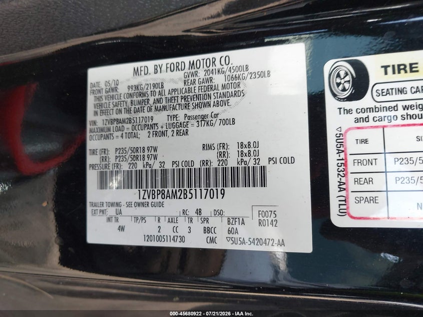 2011 Ford Mustang V6 Premium VIN: 1ZVBP8AM2B5117019 Lot: 45680922