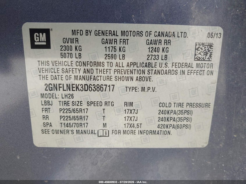 2013 Chevrolet Equinox Lt VIN: 2GNFLNEK3D6386717 Lot: 45680933