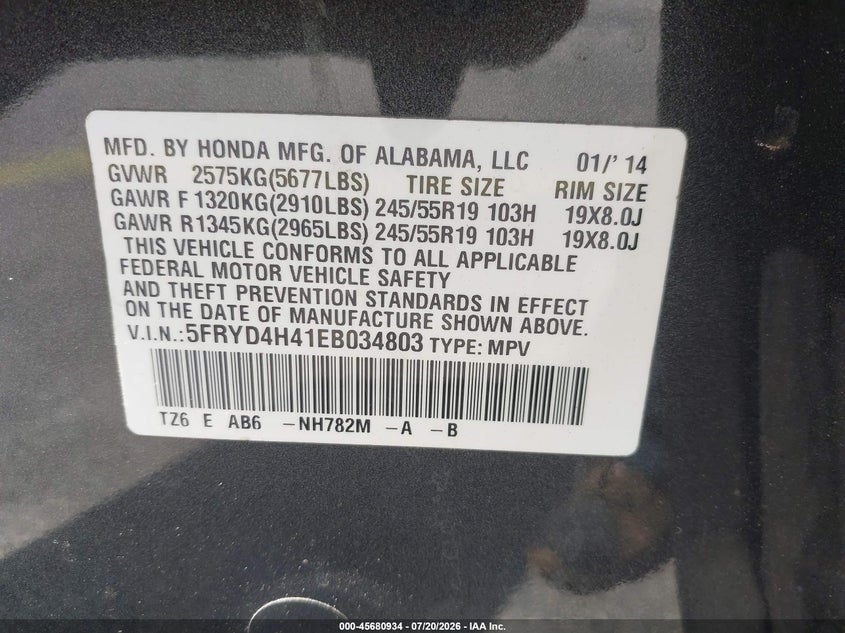 2014 Acura Mdx Technology Package VIN: 5FRYD4H41EB034803 Lot: 45680934