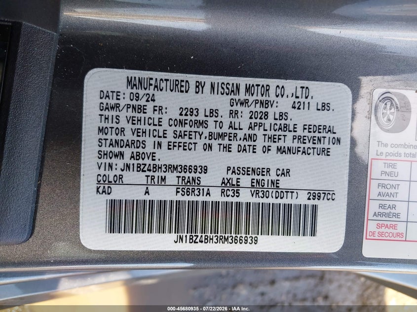 NISSAN Z 2024 VIN JN1BZ4BH3RM366939