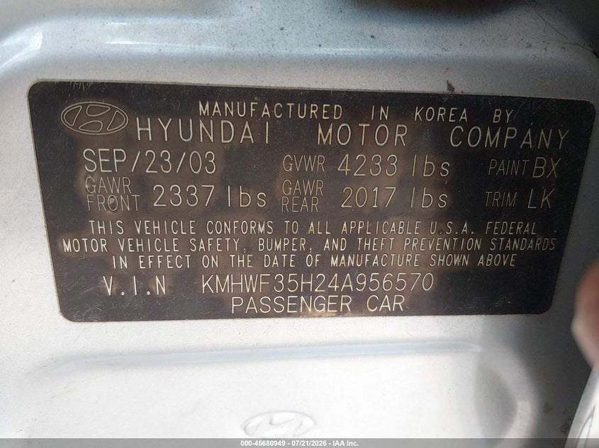 2004 Hyundai Sonata Gls/Lx VIN: KMHWF35H24A956570 Lot: 45680949