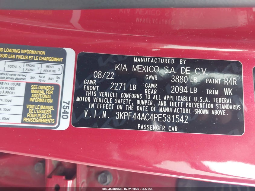 2023 Kia Forte Gt Manual VIN: 3KPF44AC4PE531542 Lot: 45680958
