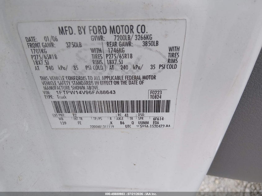 2006 FORD F-150 TRUCK 5.4L V-8 VVT, 300HP