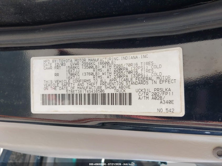 2004 Toyota Tundra Limited V8 VIN: 5TBET38174S438506 Lot: 45680986