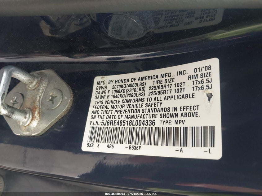 2008 Honda Cr-V Ex VIN: 5J6RE48518L004336 Lot: 45680994