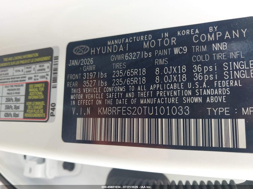 2026 Hyundai Palisade Se VIN: KM8RFES20TU101033 Lot: 45681034
