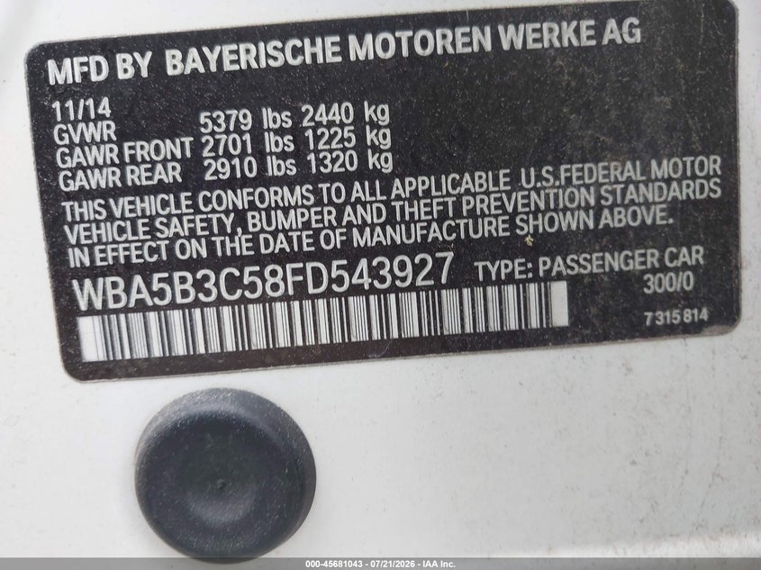 2015 BMW 535I xDrive VIN: WBA5B3C58FD543927 Lot: 45681043