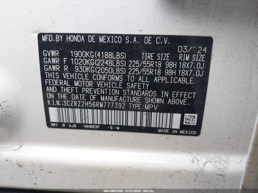 2024 Honda Hr-V Awd Sport/Awd Sport W/O Bsi VIN: 3CZRZ2H56RM777392 Lot: 45681059