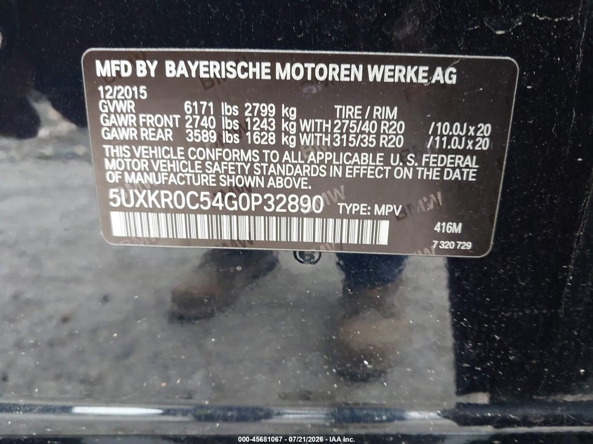 2016 BMW X5 xDrive35I VIN: 5UXKR0C54G0P32890 Lot: 45681067