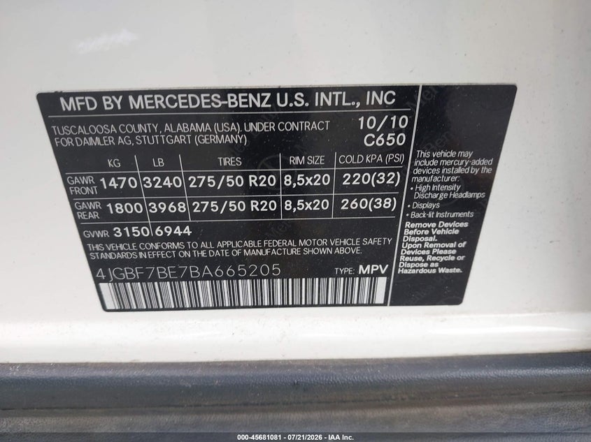 2011 Mercedes-Benz Gl 450 4Matic VIN: 4JGBF7BE7BA665205 Lot: 45681081