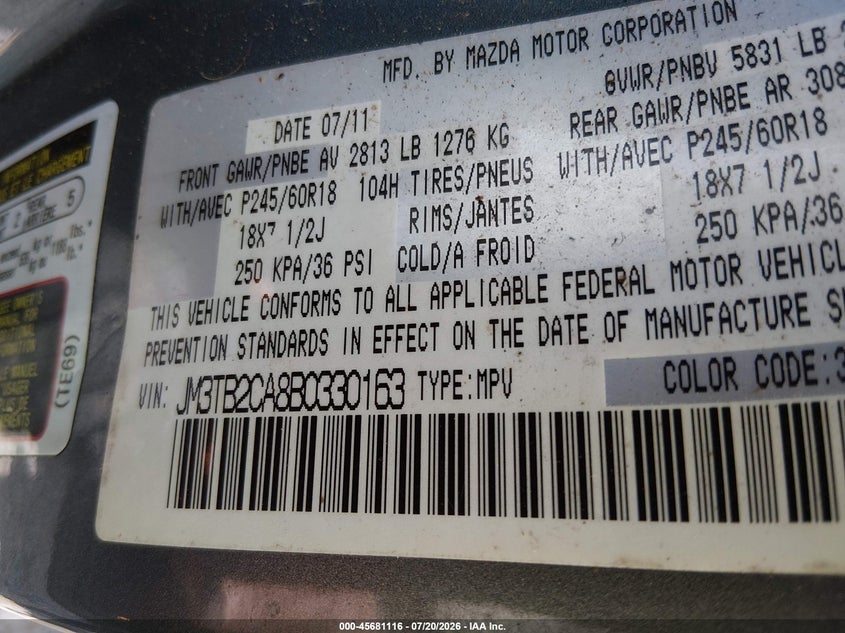 2011 Mazda Cx-9 Touring VIN: JM3TB2CA8B0330163 Lot: 45681116