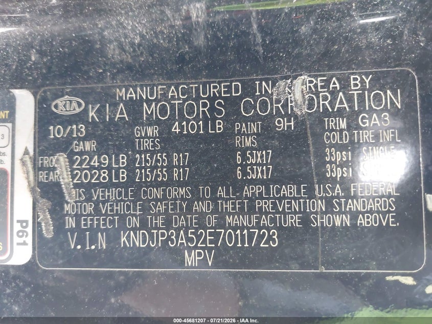 2014 Kia Soul + VIN: KNDJP3A52E7011723 Lot: 45681207