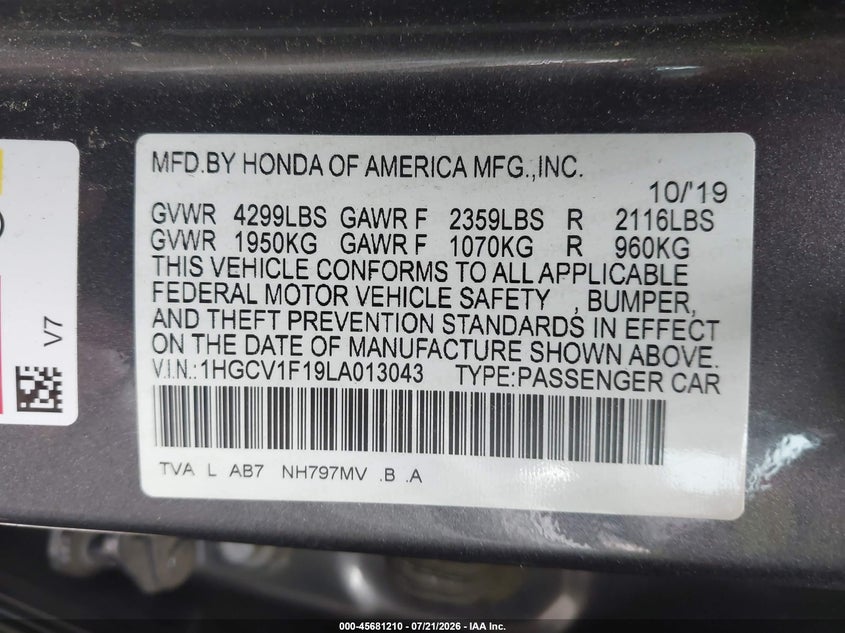 2020 Honda Accord Lx VIN: 1HGCV1F19LA013043 Lot: 45681210