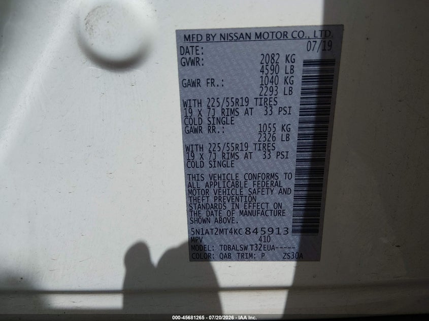 2019 Nissan Rogue Sl VIN: 5N1AT2MT4KC845913 Lot: 45681265