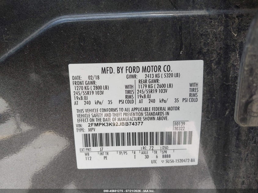 2018 Ford Edge Titanium VIN: 2FMPK3K92JBB74377 Lot: 45681275